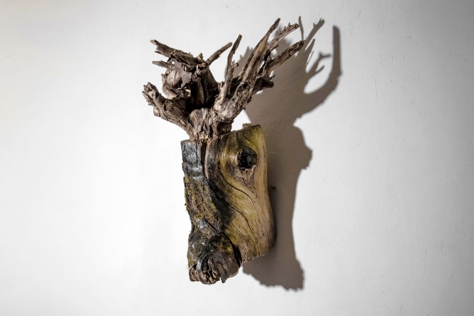 «Голова оленя». дерево, металл. 50х30х20. 2018 г.